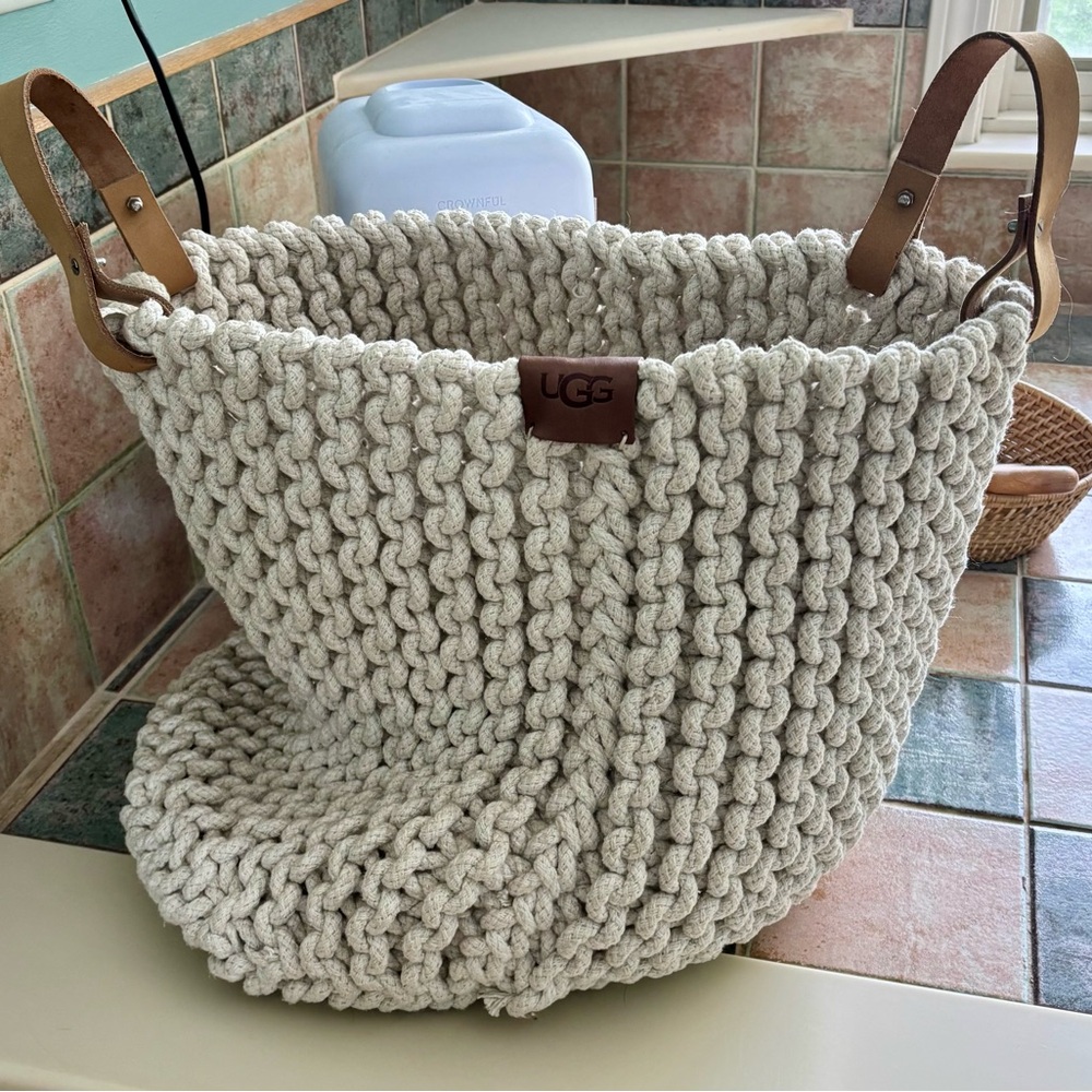 UGG Cream Knit Tote with Brown Leather Straps